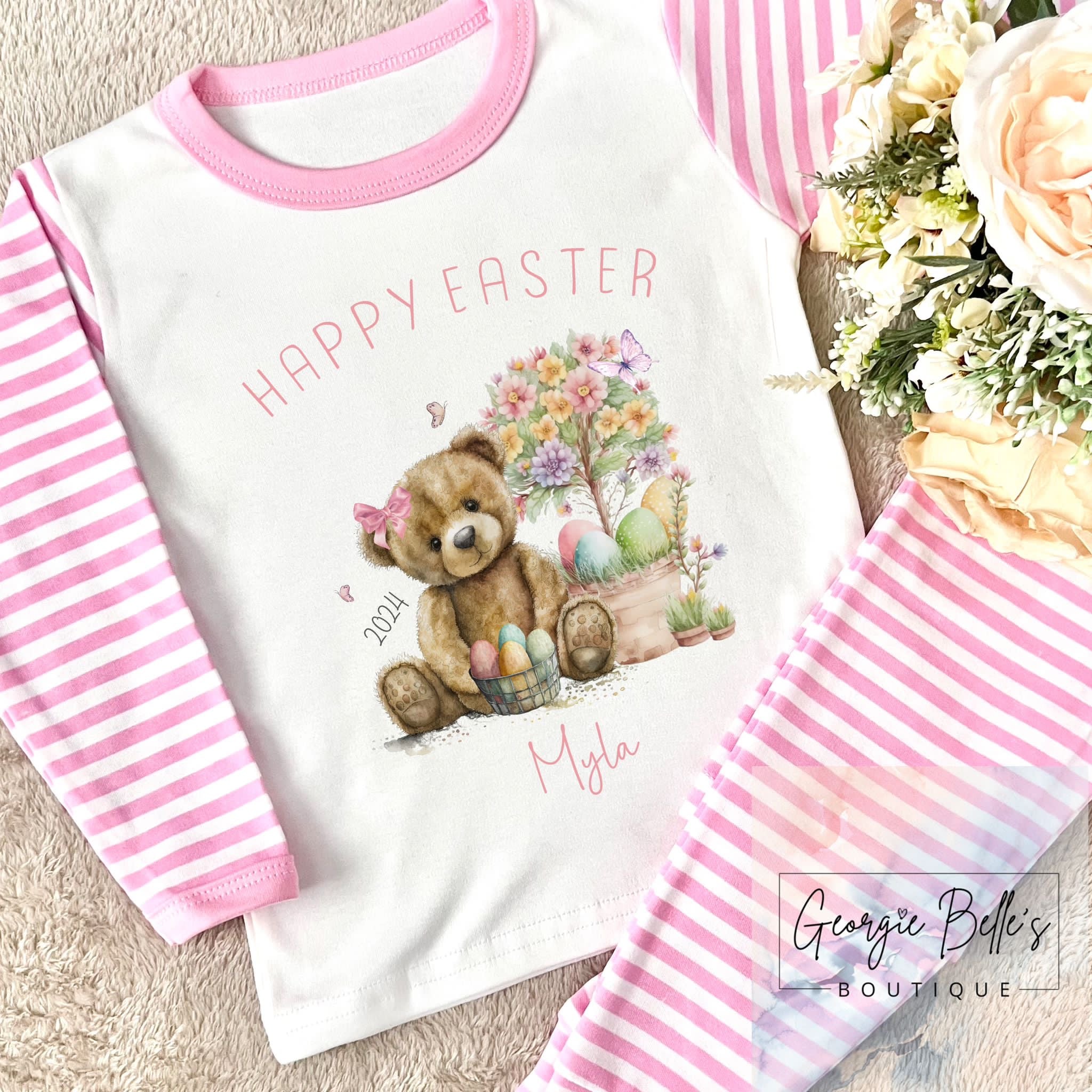 Personalised Easter Pyjamas - Happy Easter Pink Bear Design
