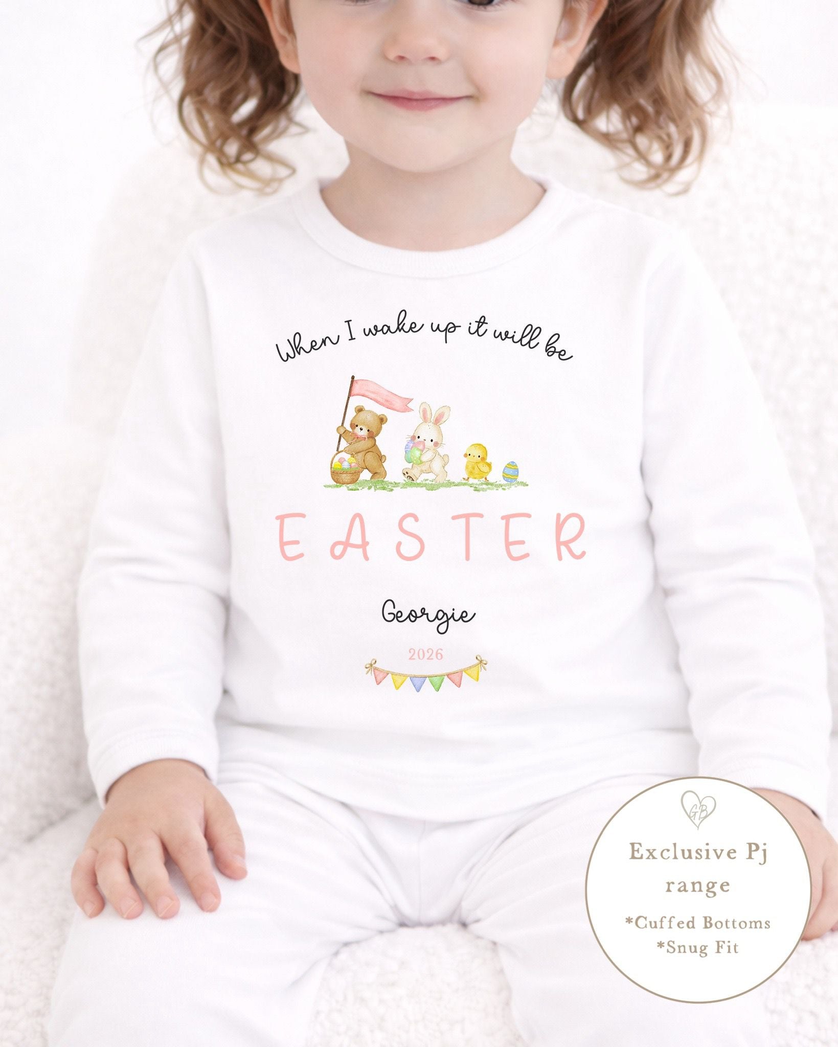 Personalised Plain White Easter Pyjamas - Pink Easter Parade Initial Design