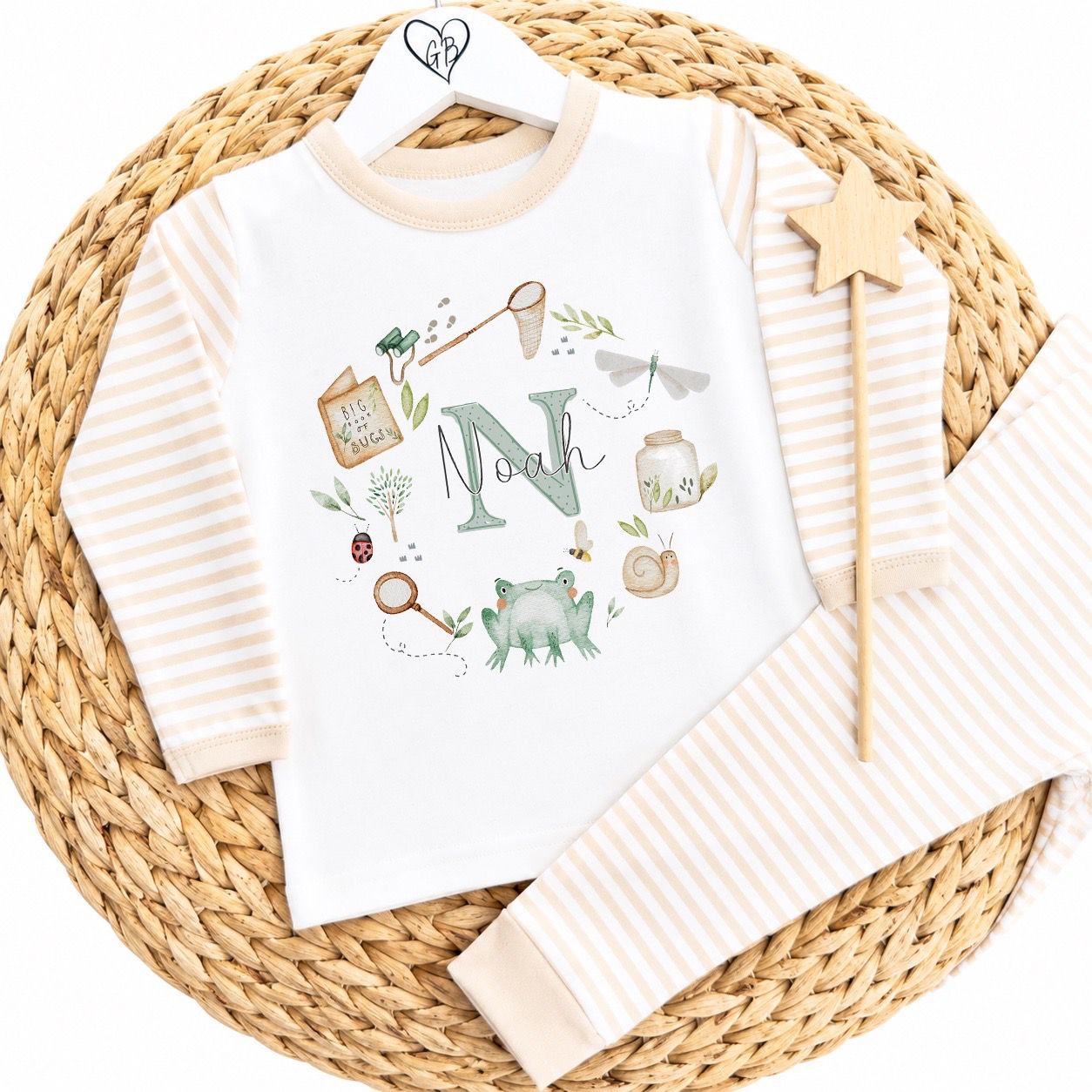 Personalised Gifting Pyjamas Beige Stripe - Bug Wreath Initial Design