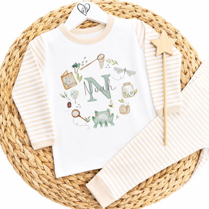 Personalised Gifting Pyjamas Beige Stripe - Bug Wreath Initial Design