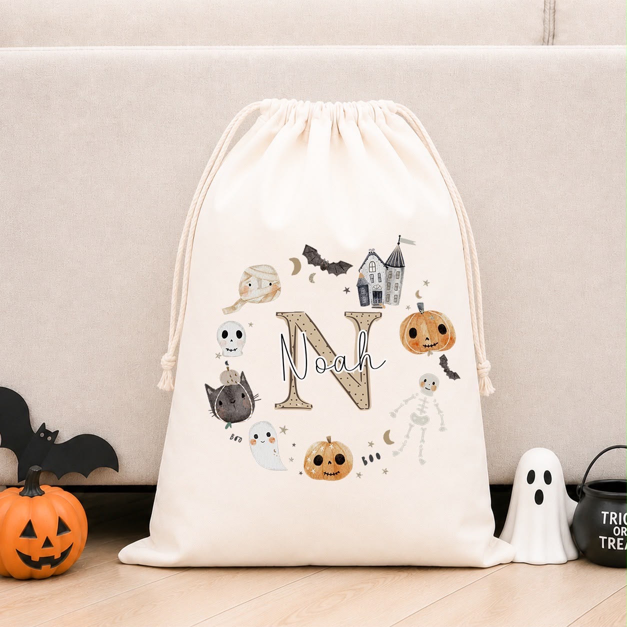 Personalised Halloween Boo Bag &amp; Treat Sack | Nude Initial Wreath Design