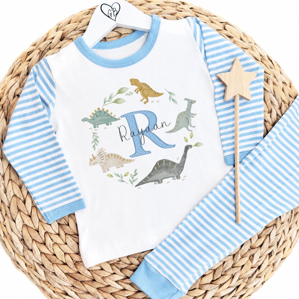 Personalised Boys Gifting Pyjamas Blue Stripe - Dinosaur Wreath Initial Design