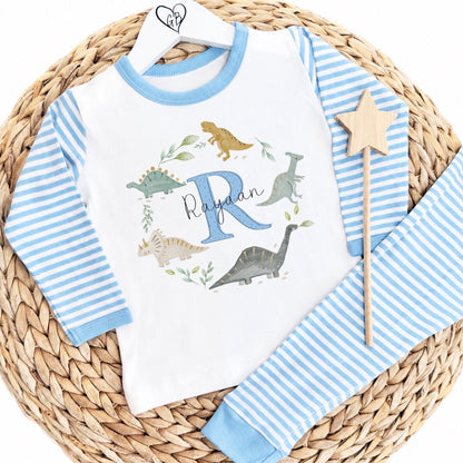 Personalised Boys Gifting Pyjamas Blue Stripe - Dinosaur Wreath Initial Design