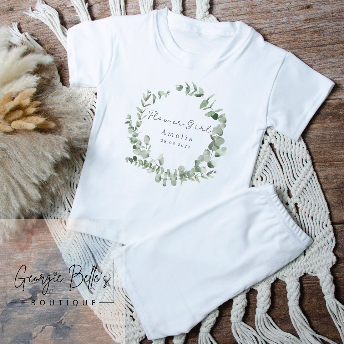 Short Set Personalised Flower Girl Pyjamas - Eucalyptus Leaves Design