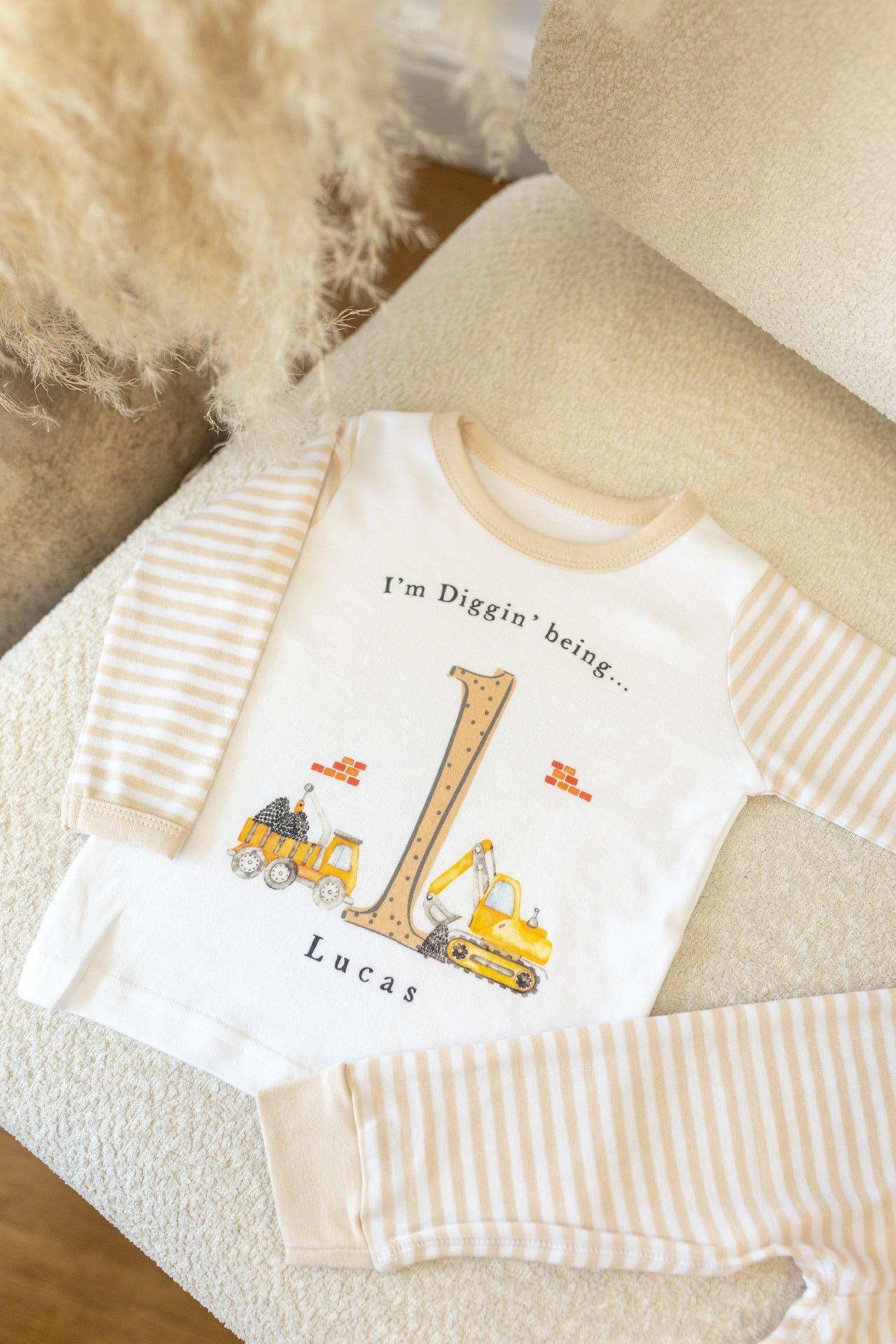 Personalised Beige Stripe Birthday Pyjamas - Digger Design