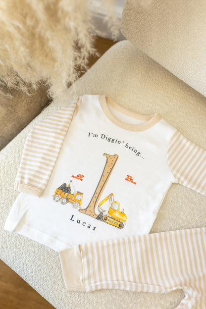 Personalised Beige Stripe Birthday Pyjamas - Digger Design
