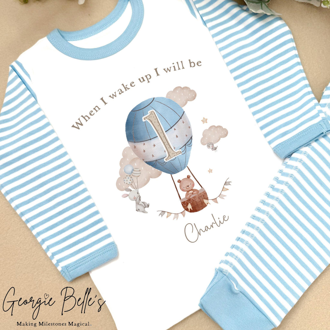Personalised Blue Stripe Birthday Pyjamas - Blue Hot Air Balloon Design