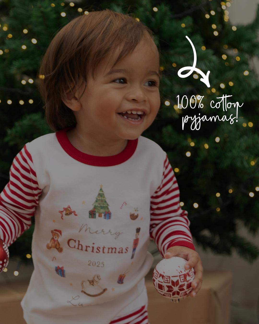Personalised Christmas Pyjamas for Kids | 100% Cotton Red Stripe | North Pole Bakery Design