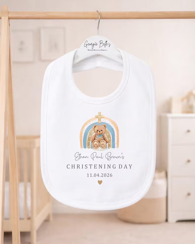 Personalised Christening Babygrow - Blue Teddy Rainbow Design