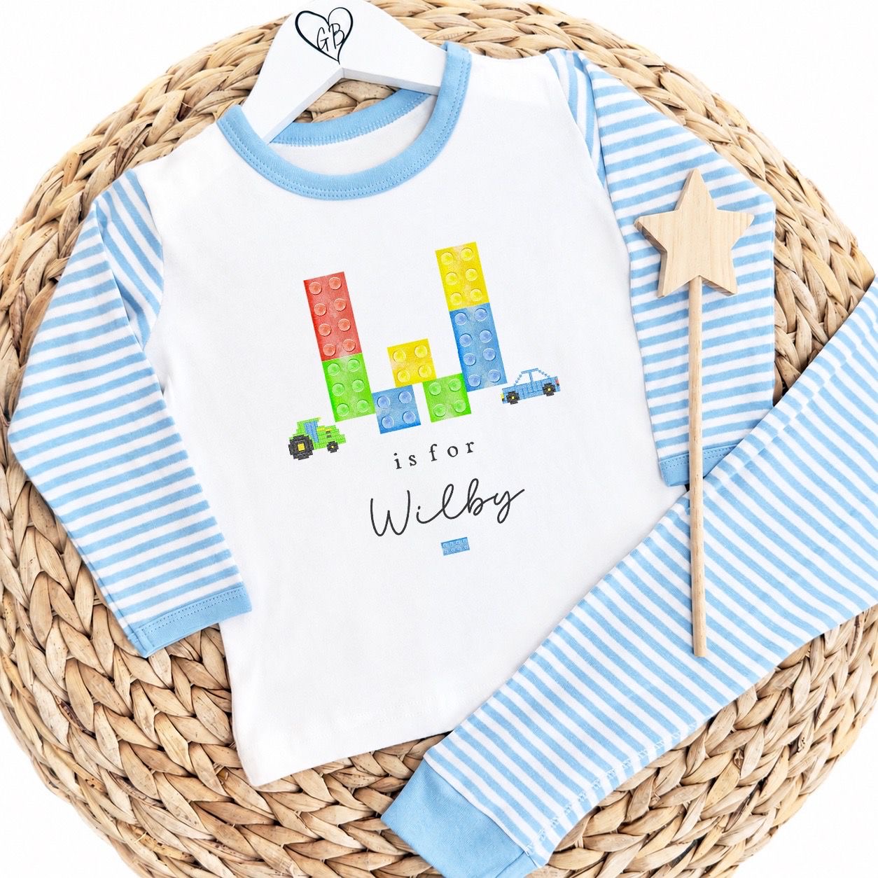 Personalised Boys Gifting Pyjamas Blue Stripe - Lego Initial Design