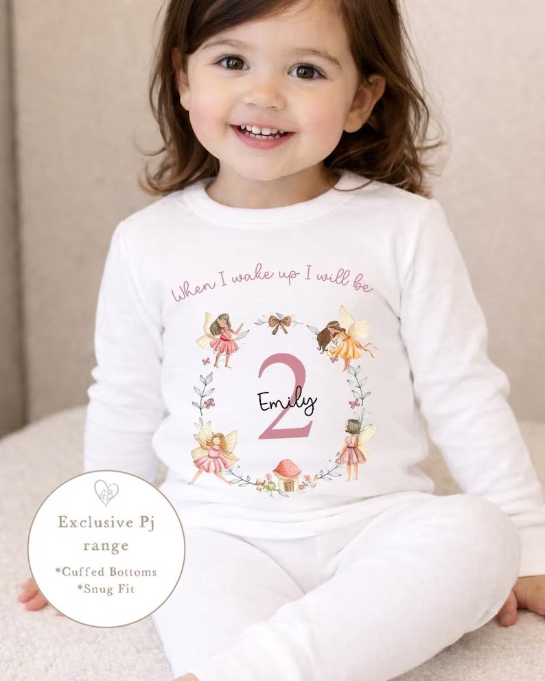 Personalised Plain White Birthday Pyjamas - Fairy Wreath Design