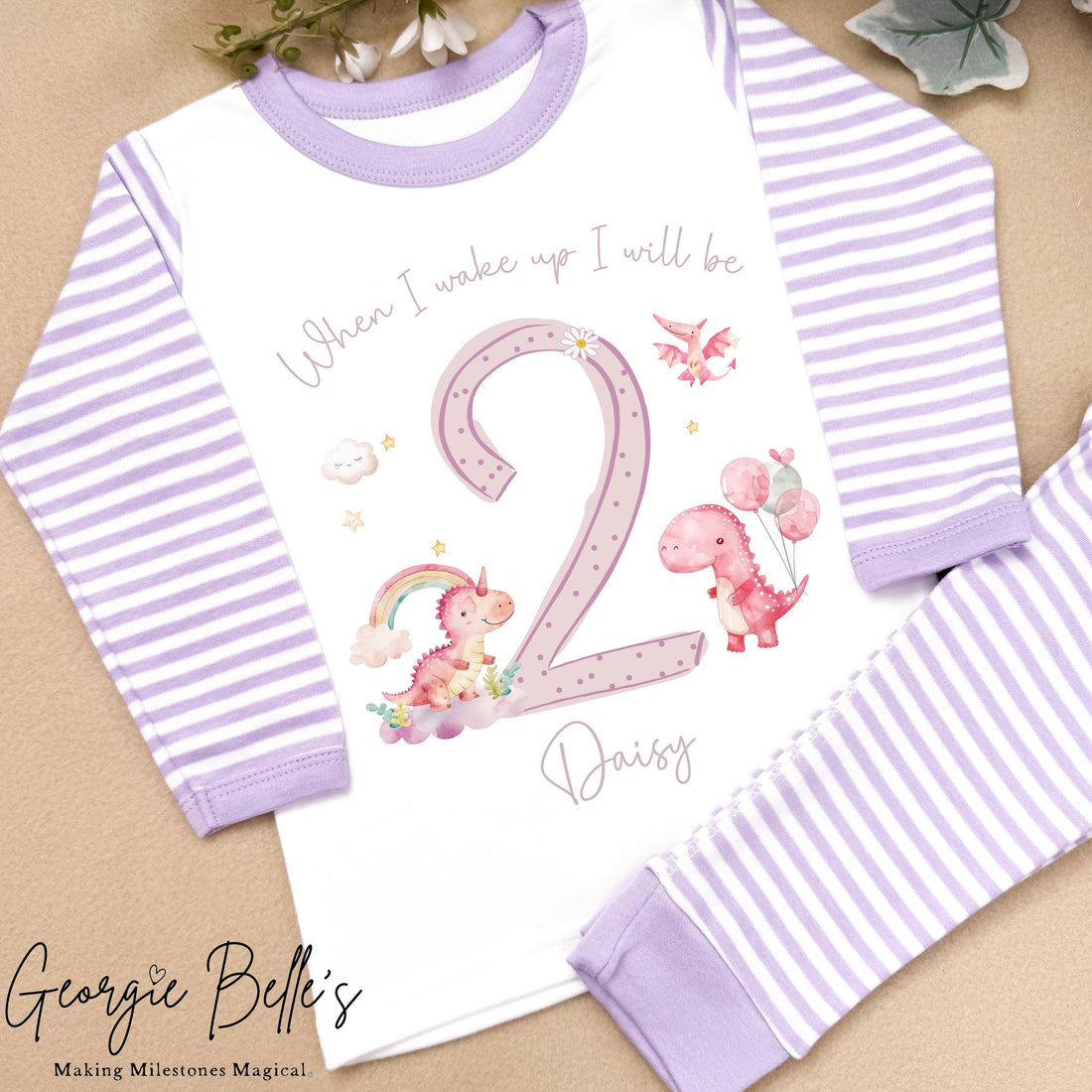 Personalised Lilac Stripe Birthday Pyjamas - Lilac Dinosaur Number Design