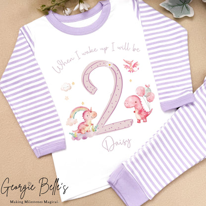 Personalised Lilac Stripe Birthday Pyjamas - Lilac Dinosaur Number Design