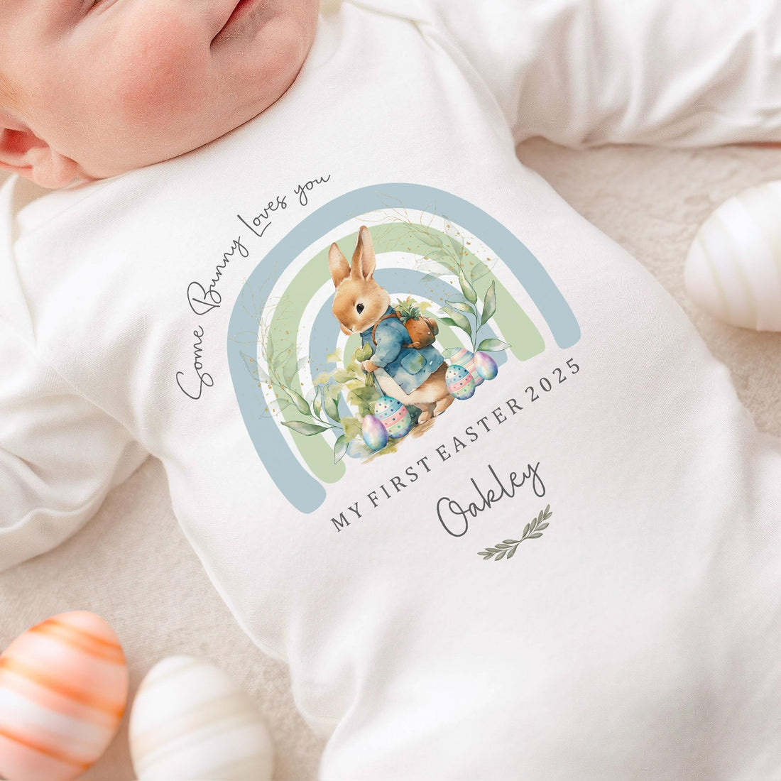 Personalised Easter Baby Vest / Babygrow - Some Bunny Blue Design