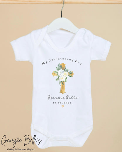 Personalised Christening Babygrow / Vest - Floral Gold Cross Design