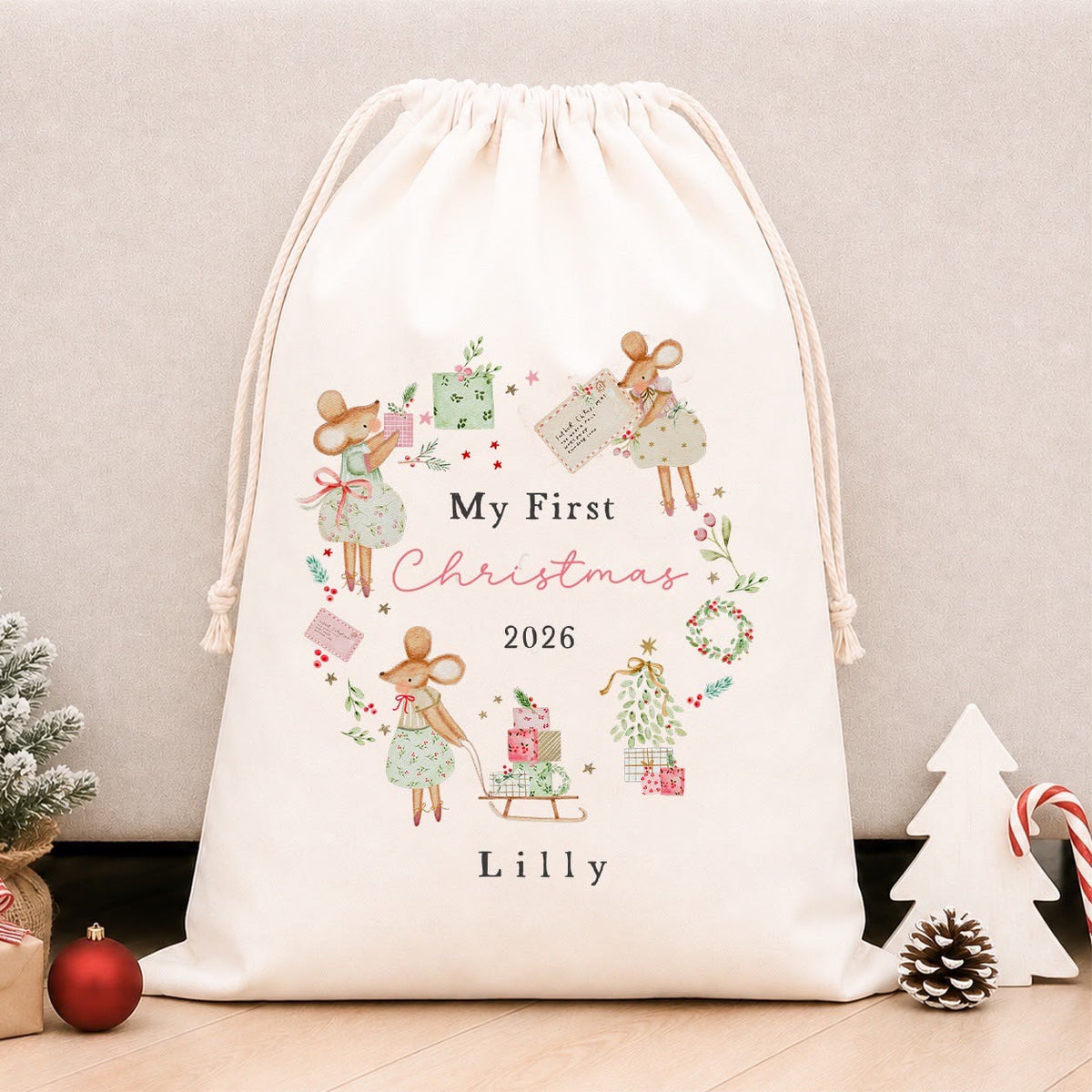 Luxury Personalised Premium Cotton Christmas Sack | Personalised Santa Sack | Pink 1st Xmas Mice Wreath Design