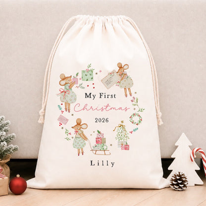 Luxury Personalised Premium Cotton Christmas Sack | Personalised Santa Sack | Pink 1st Xmas Mice Wreath Design