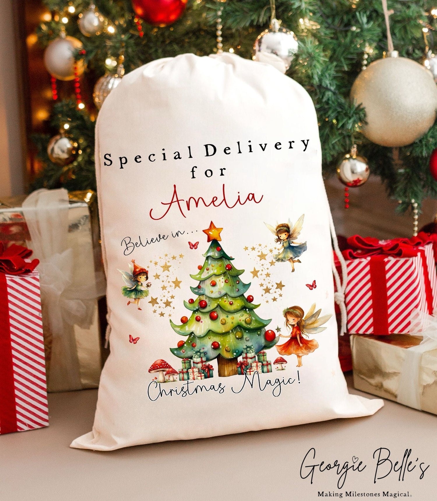 Luxury Personalised Premium Cotton Christmas Sack | Personalised Santa Sack | Red Fairy Design