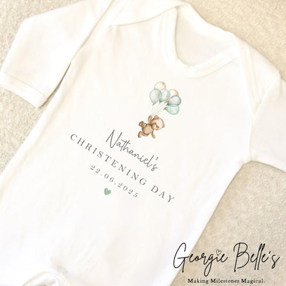 Personalised Christening Babygrow / Vest - Sage Bear Design