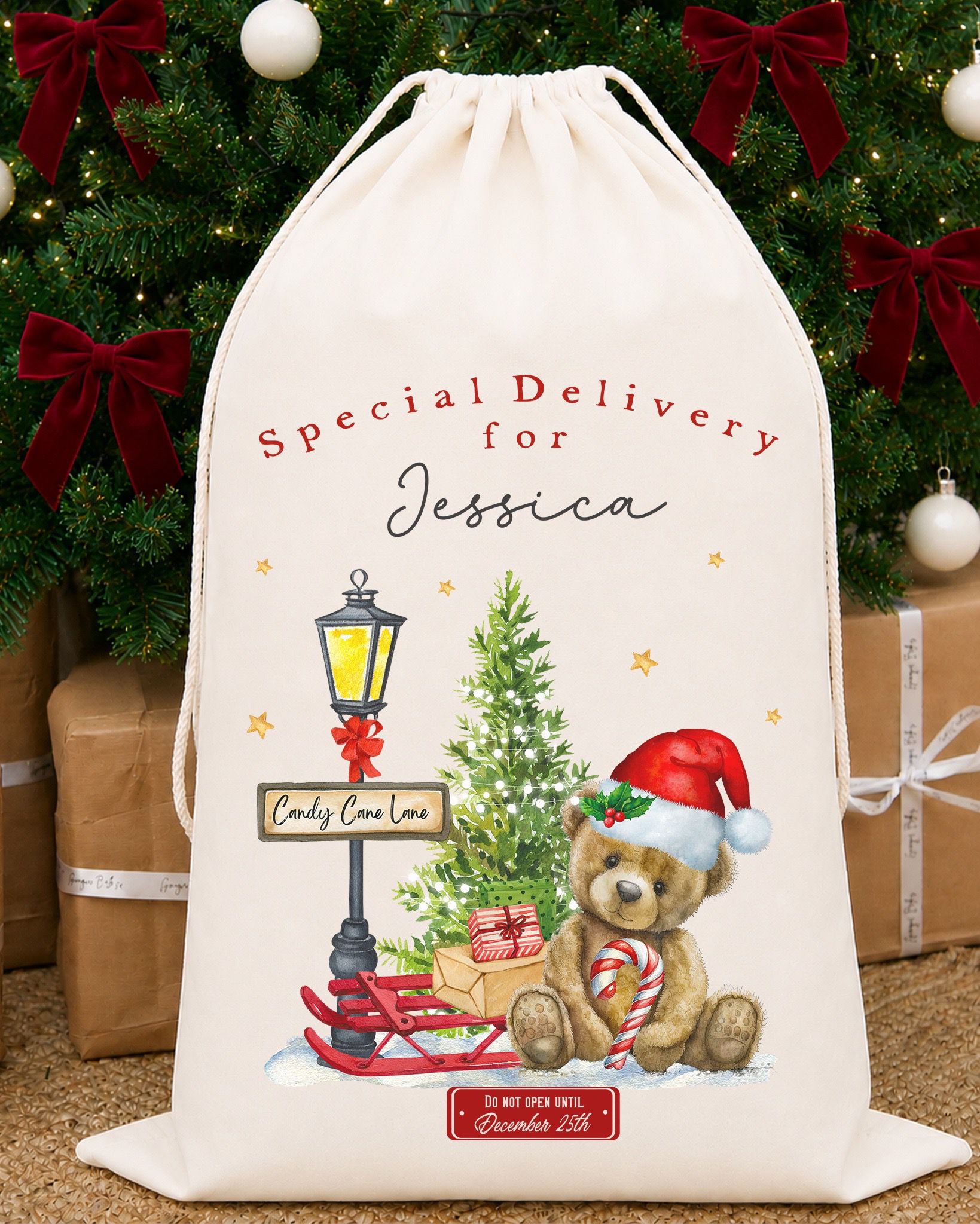 Luxury Personalised Premium Cotton Christmas Sack | Personalised Santa Sack | Candy Cane Lane Design