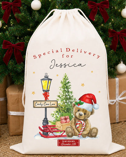 Luxury Personalised Premium Cotton Christmas Sack | Personalised Santa Sack | Candy Cane Lane Design