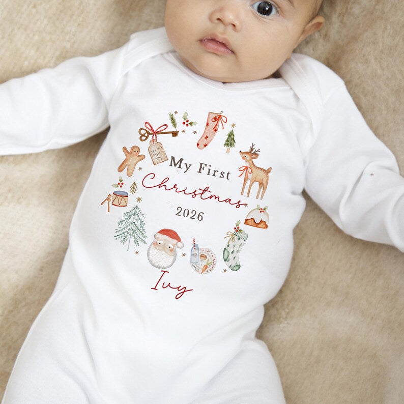 Personalised My First Christmas Babygrow | 100% Cotton | Christmas Wishes Wreath Design