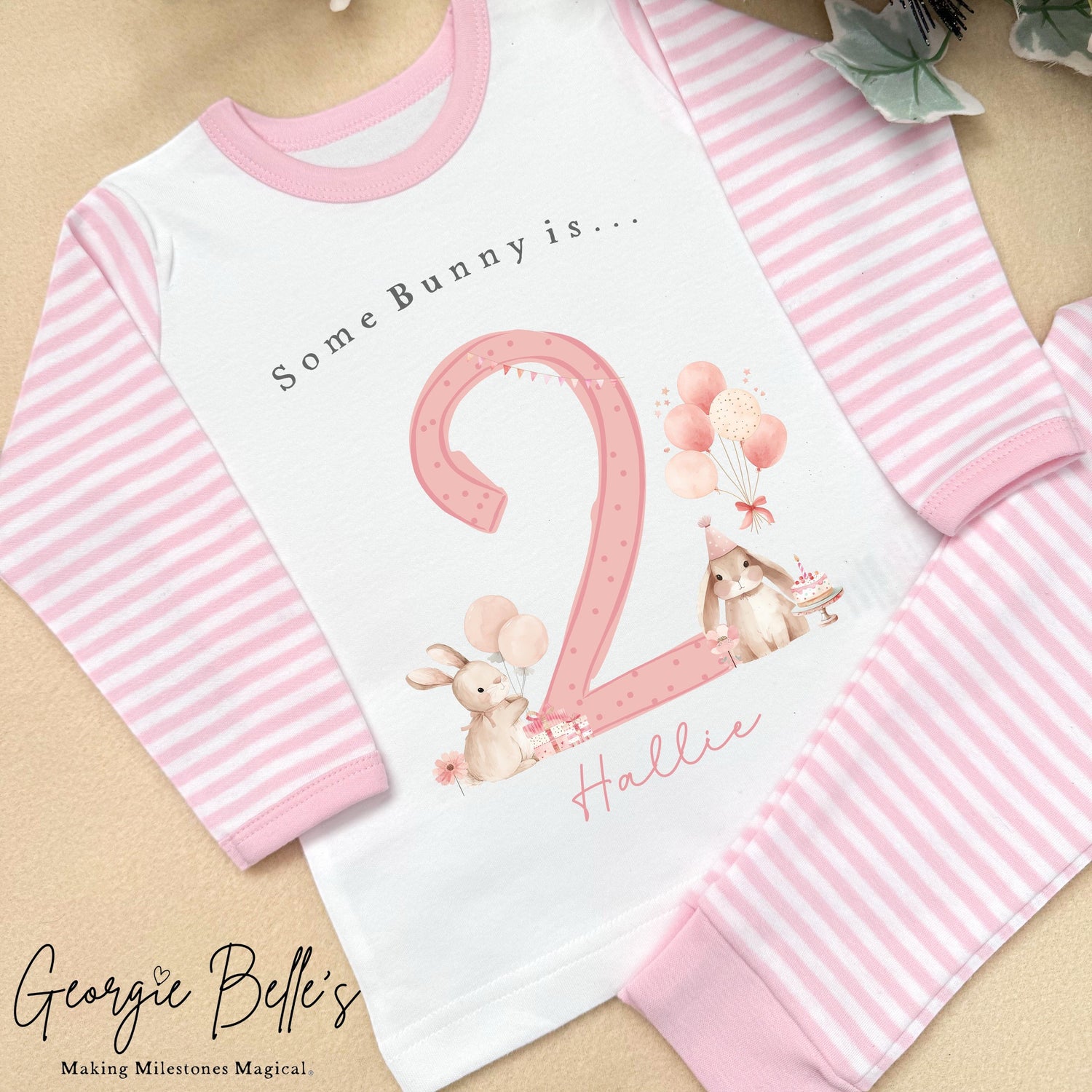 Personalised Pink Stripe Birthday Pyjamas - Some Bunny Is Design