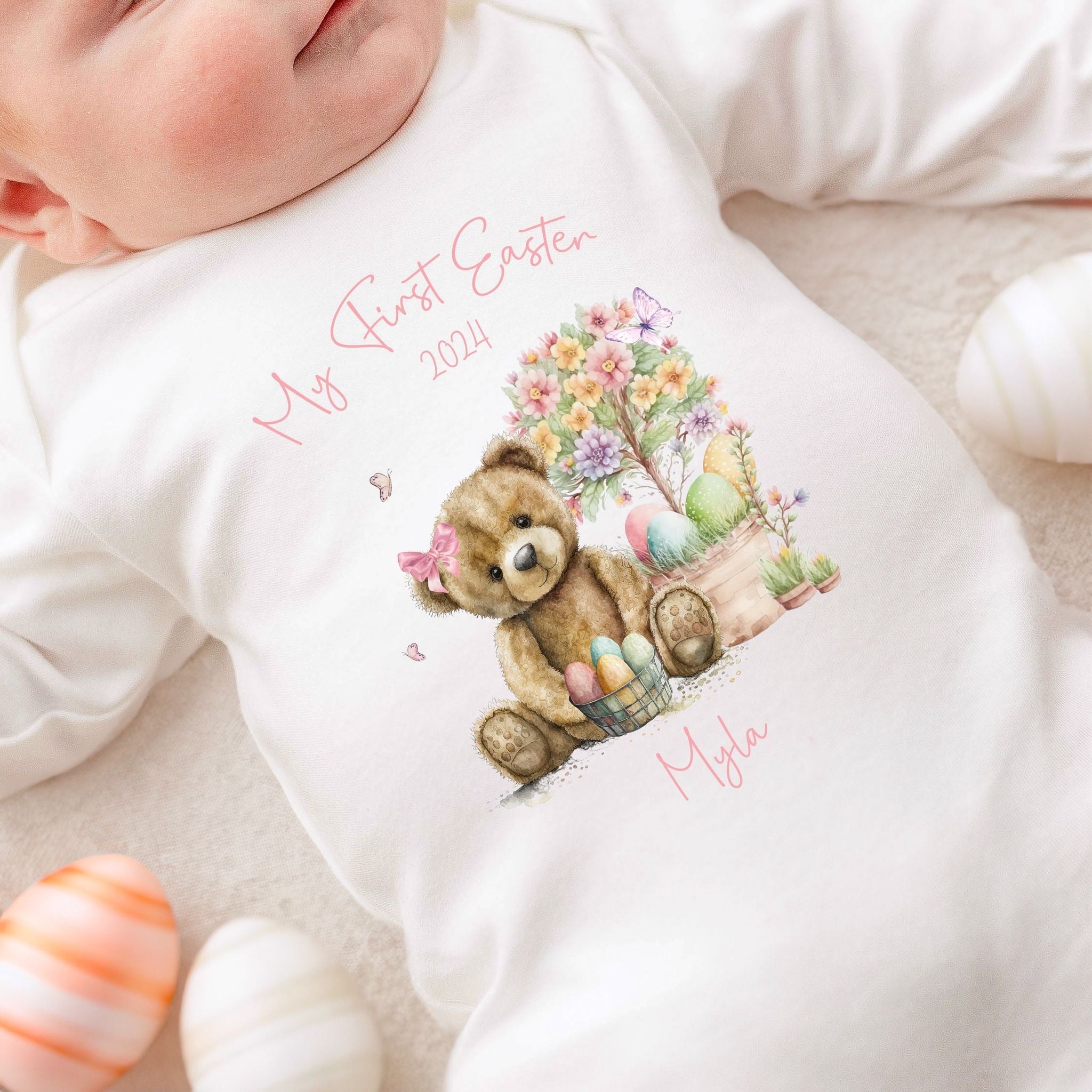 Personalised Easter Baby Vest / Babygrow - First Easter Pink Bear Design