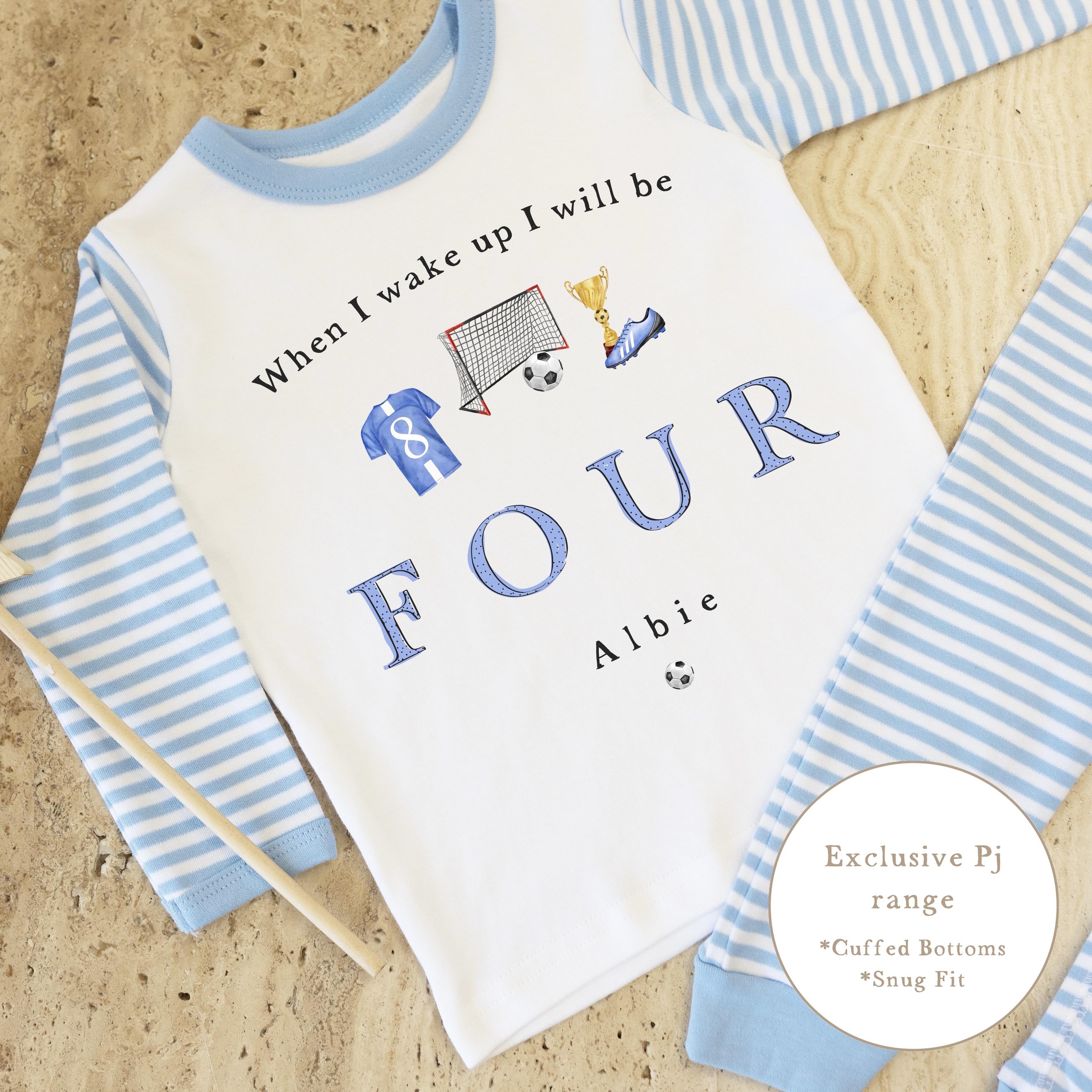 Blue &amp; White Striped Personalised Birthday Pyjamas - Blue Football Design