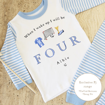 Blue &amp; White Striped Personalised Birthday Pyjamas - Blue Football Design