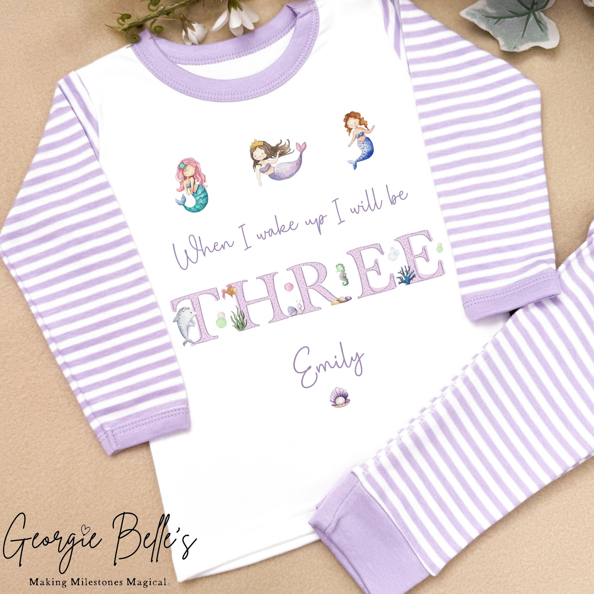 Personalised Lilac Stripe Birthday Pyjamas - Lilac Mermaid Word Design