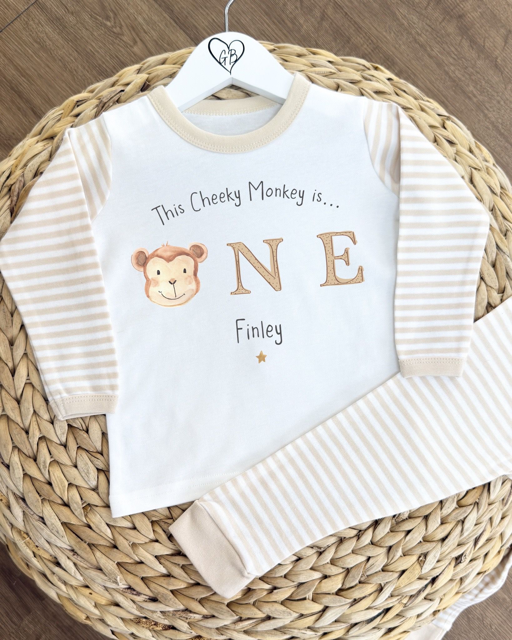 Personalised Beige Stripe Birthday Pyjamas - Monkey Design