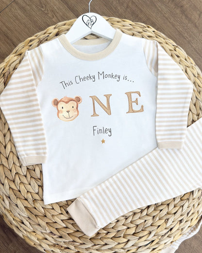 Personalised Beige Stripe Birthday Pyjamas - Monkey Design