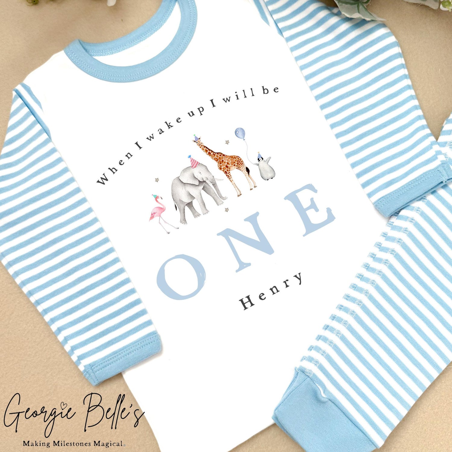 Personalised Blue Stripe Birthday Pyjamas - Blue Safari Animal Party Design