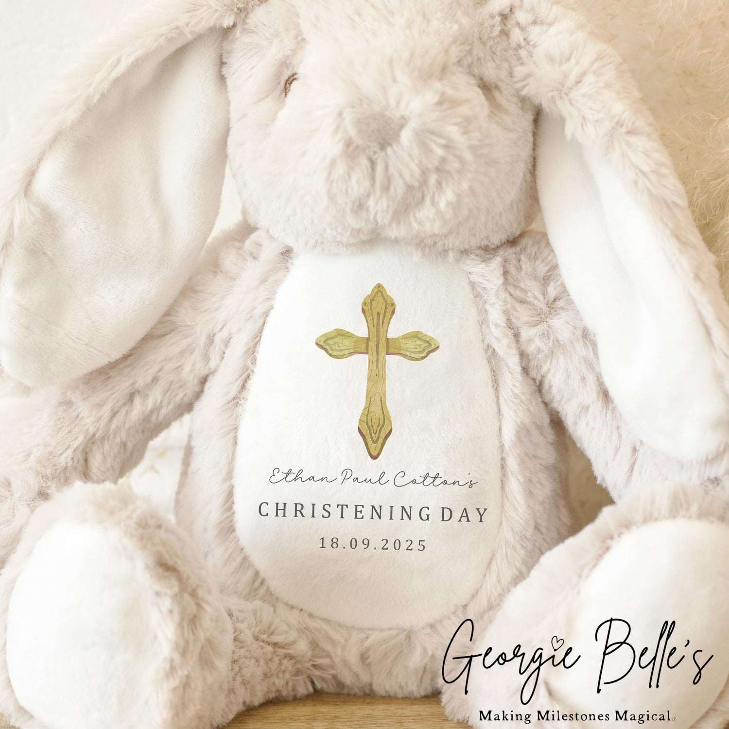 Personalised Christening Beige Bunny - Gold Cross Design