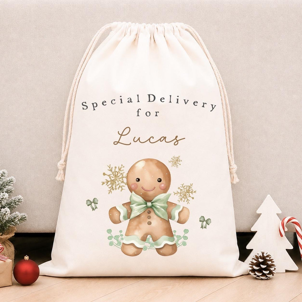 Luxury Personalised Premium Cotton Christmas Sack | Personalised Santa Sack | Sage Gingerbread Design