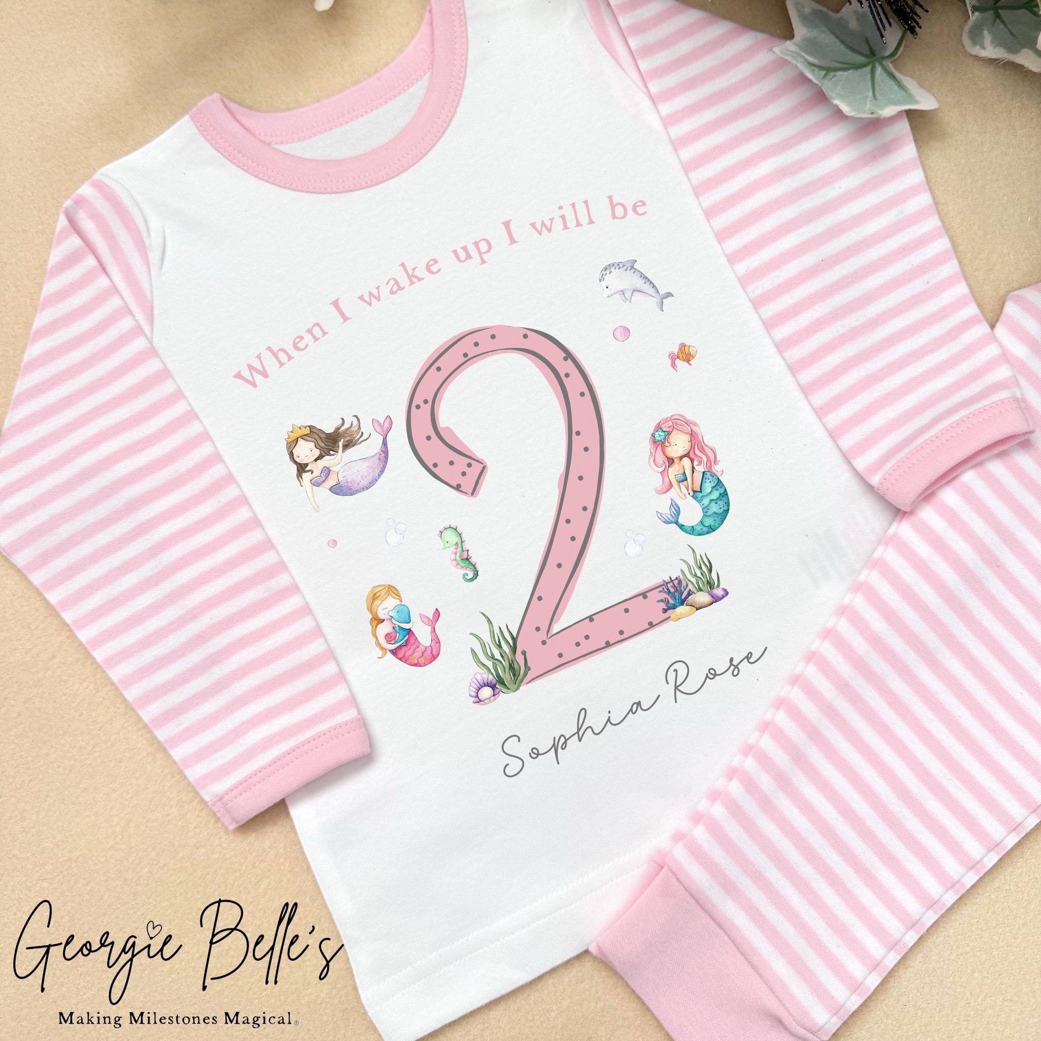 Personalised Pink Stripe Birthday Pyjamas - Pink Mermaid Number Design