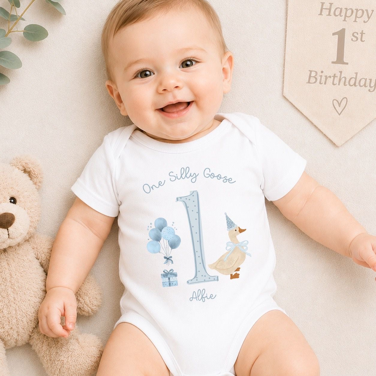 Personalised First Birthday Baby Vest | 1st Birthday Outfit - Blue One Silly Goose Design
