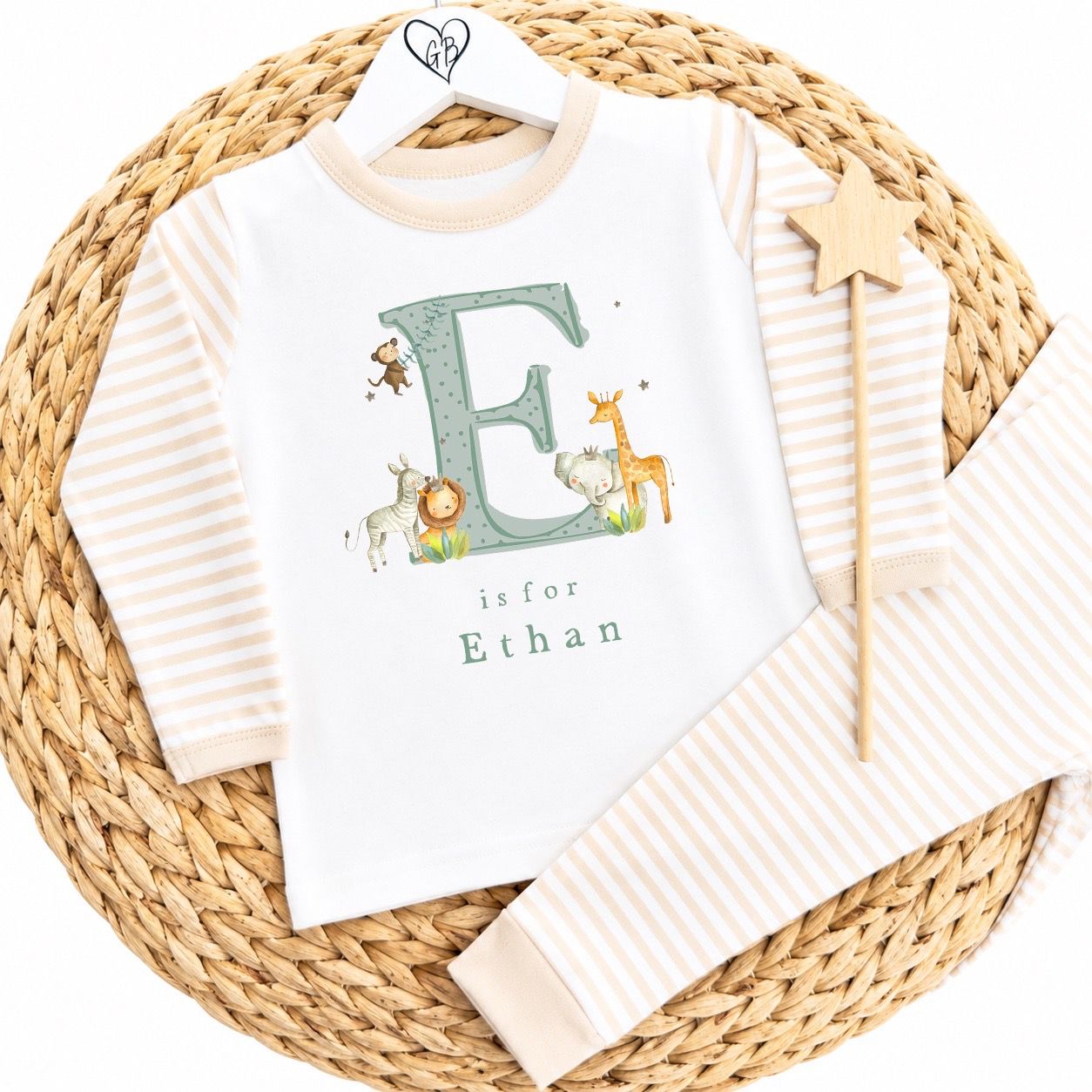 Personalised Gifting Pyjamas Beige Stripe - Safari Initial Design