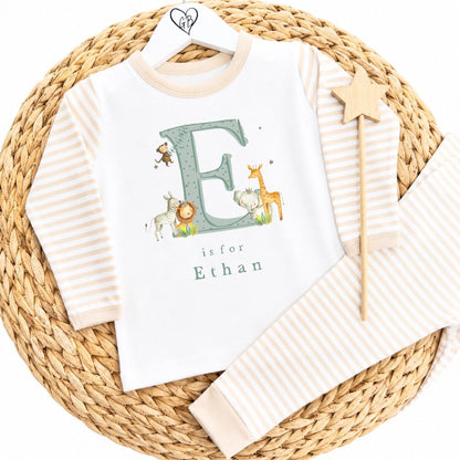 Personalised Gifting Pyjamas Beige Stripe - Safari Initial Design