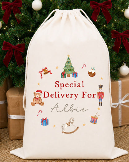 Luxury Personalised Premium Cotton Christmas Sack | Personalised Santa Sack | Red Nutcracker Wreath Design