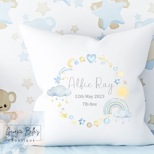 Personalised Baby Cushion - Blue Rainbow Wreath Nursery Cushion
