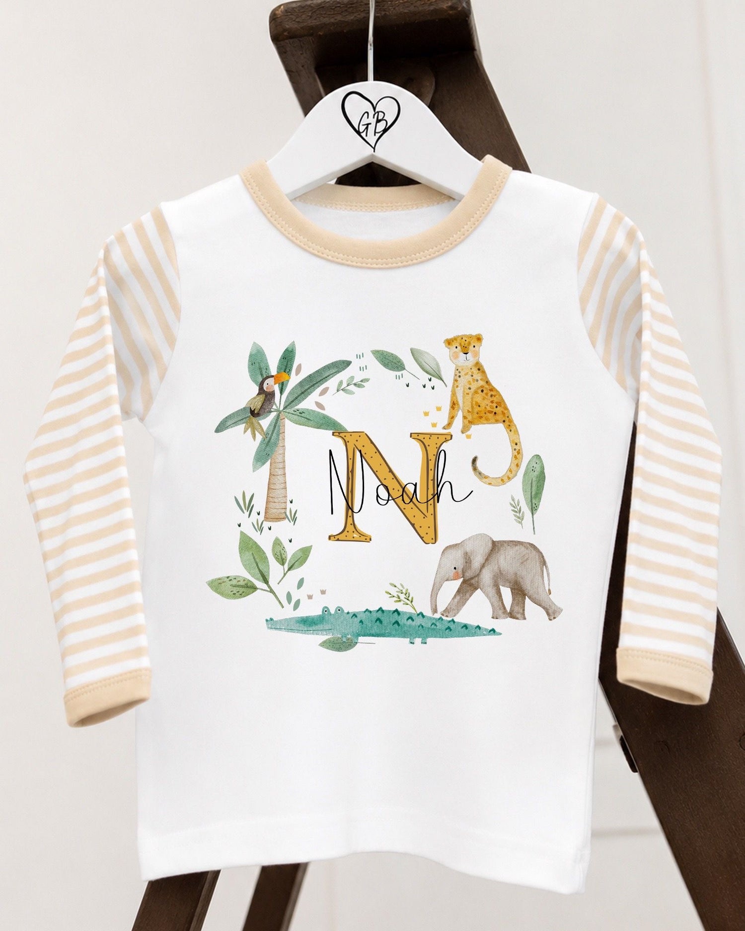 Personalised Gifting Pyjamas Beige Stripe - Jungle Wreath Initial Design