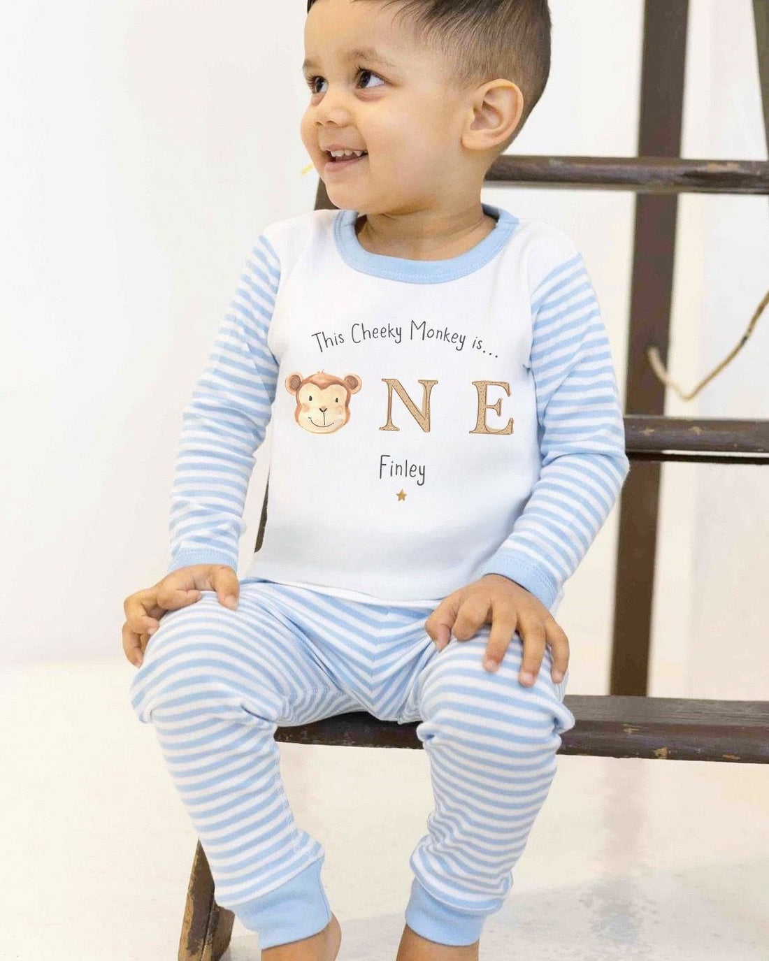 Personalised Blue Stripe Birthday Pyjamas - Monkey Design
