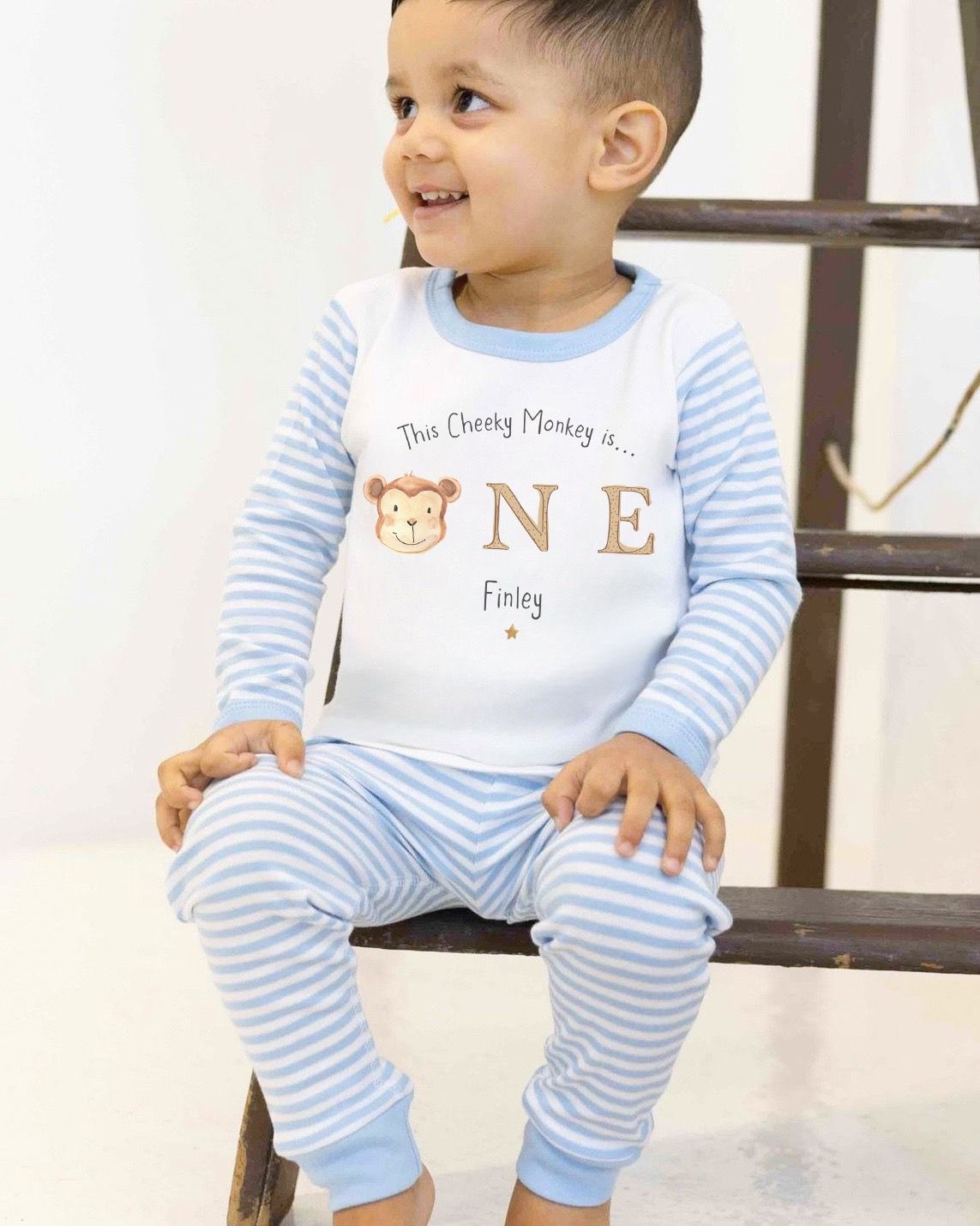 Personalised Blue Stripe Birthday Pyjamas - Monkey Design