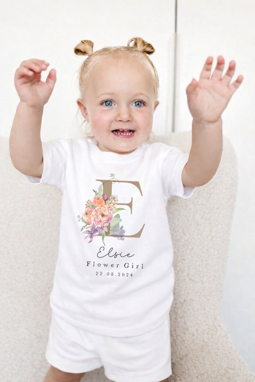 Personalised Flower Girl Short Set Pyjamas - Champagne Initial Design