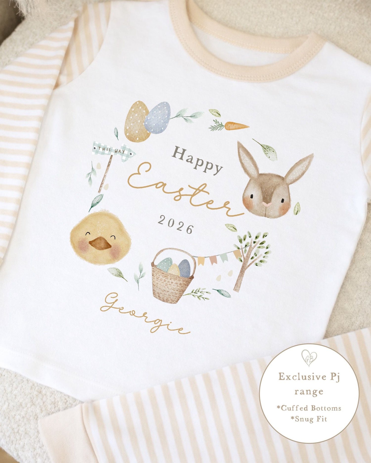 Personalised Beige Stripe Easter Pyjamas - Nude Easter Wreath Design