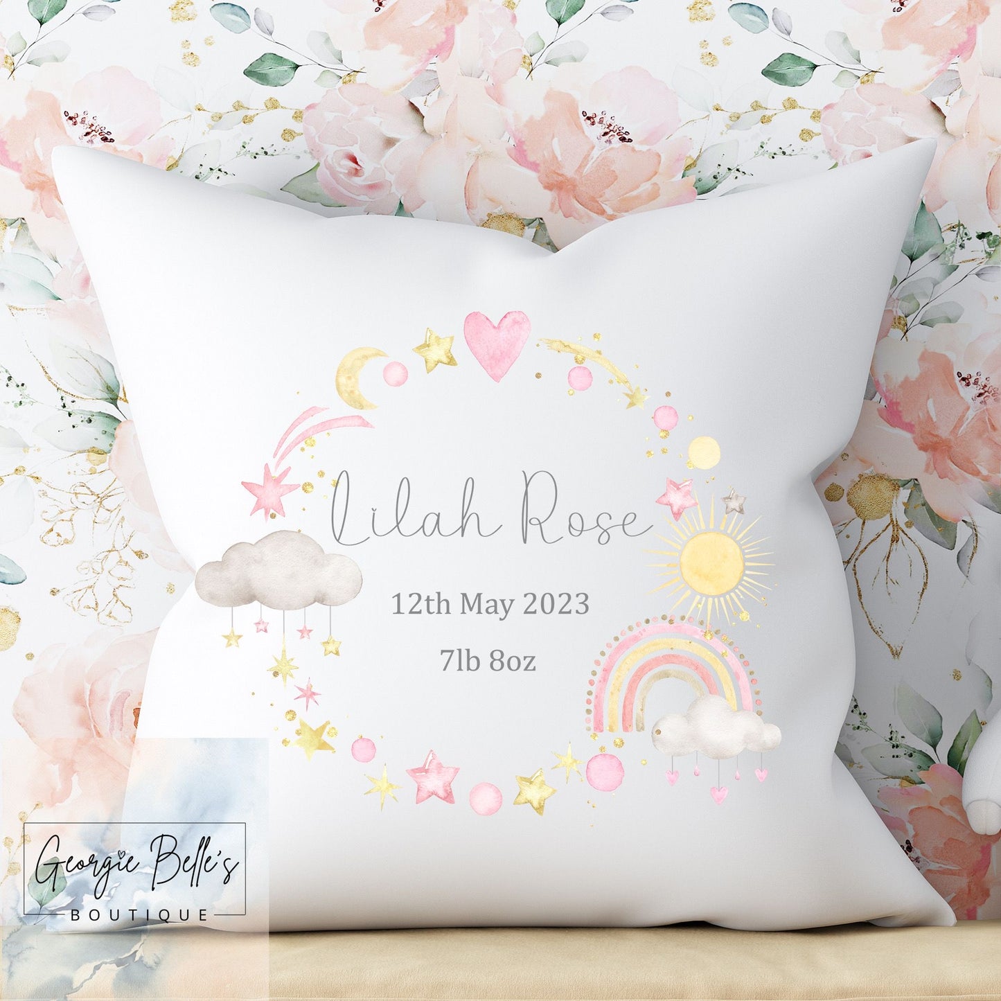 Personalised Baby Cushion - Pink Rainbow Wreath Nursery Cushion