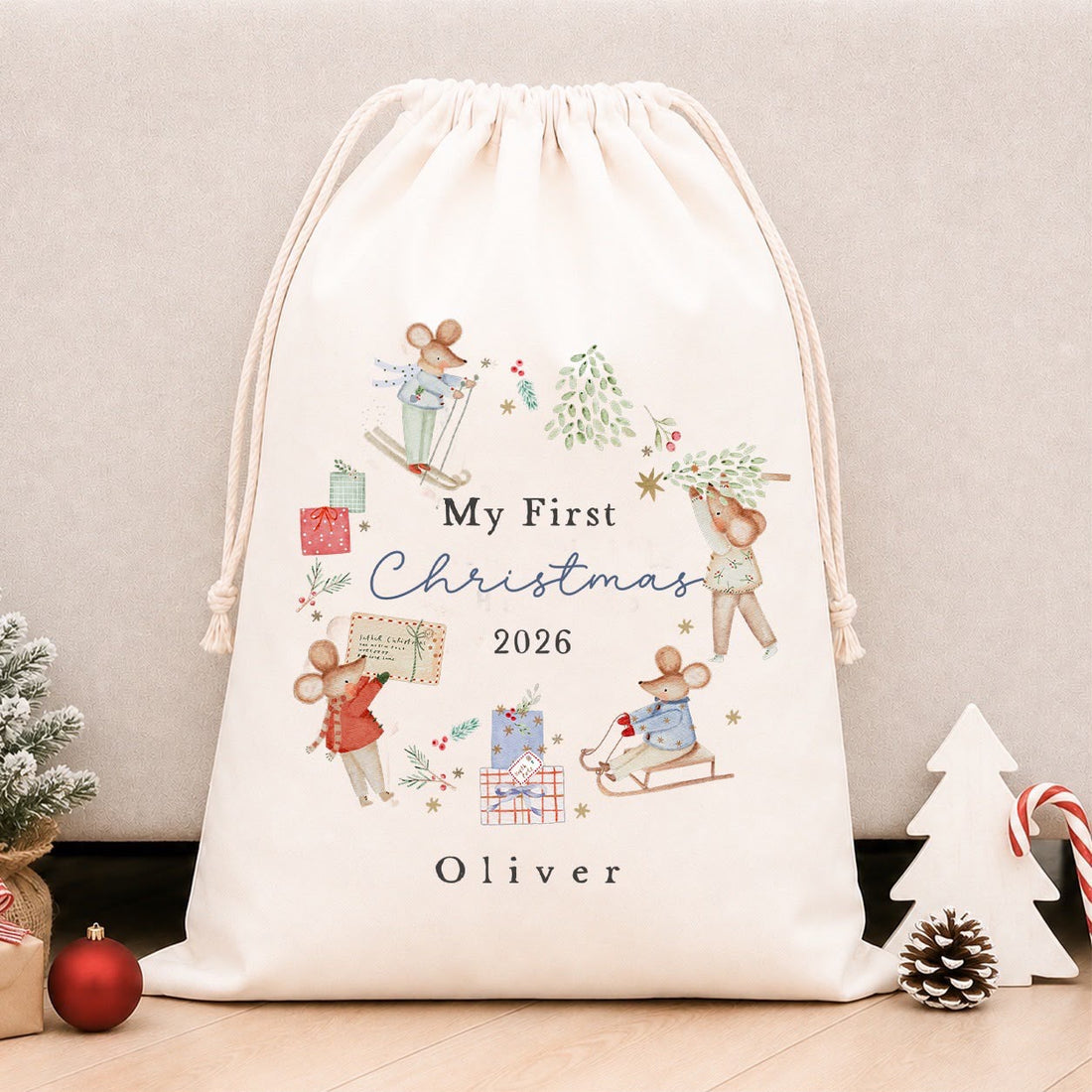 Luxury Personalised Premium Cotton Christmas Sack | Personalised Santa Sack | Blue 1st Xmas Mice Wreath Design