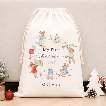Luxury Personalised Premium Cotton Christmas Sack | Personalised Santa Sack | Blue 1st Xmas Mice Wreath Design